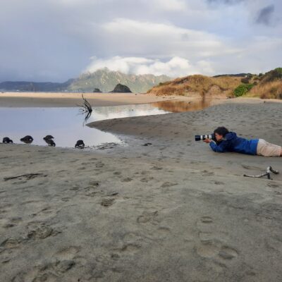 man with camera lying on beach taking photos of birds